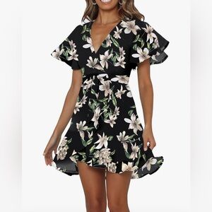Floral Black Tie Around Ruffle Sleeve Dress